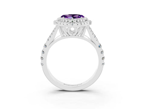 White gold Heart Cut Amethyst Double Halo Ring with Split Shank and Prong Setting_15