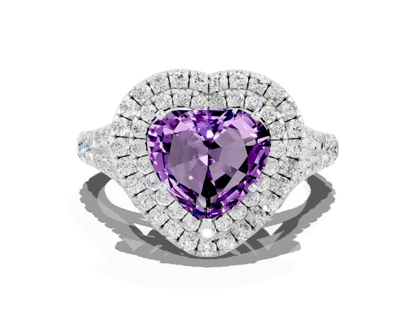 White gold Heart Cut Amethyst Double Halo Ring with Split Shank and Prong Setting