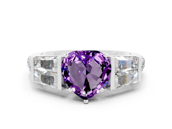 White gold Heart Cut Amethyst Engagement Ring with Baguette Side Stones and Channel Set Band