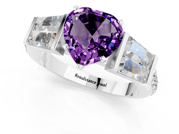 Silver Heart Cut Amethyst Engagement Ring with Baguette Side Stones and Channel Set Band