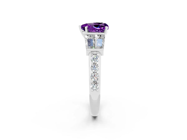 Silver Heart Cut Amethyst Engagement Ring with Baguette Side Stones and Channel Set Band
