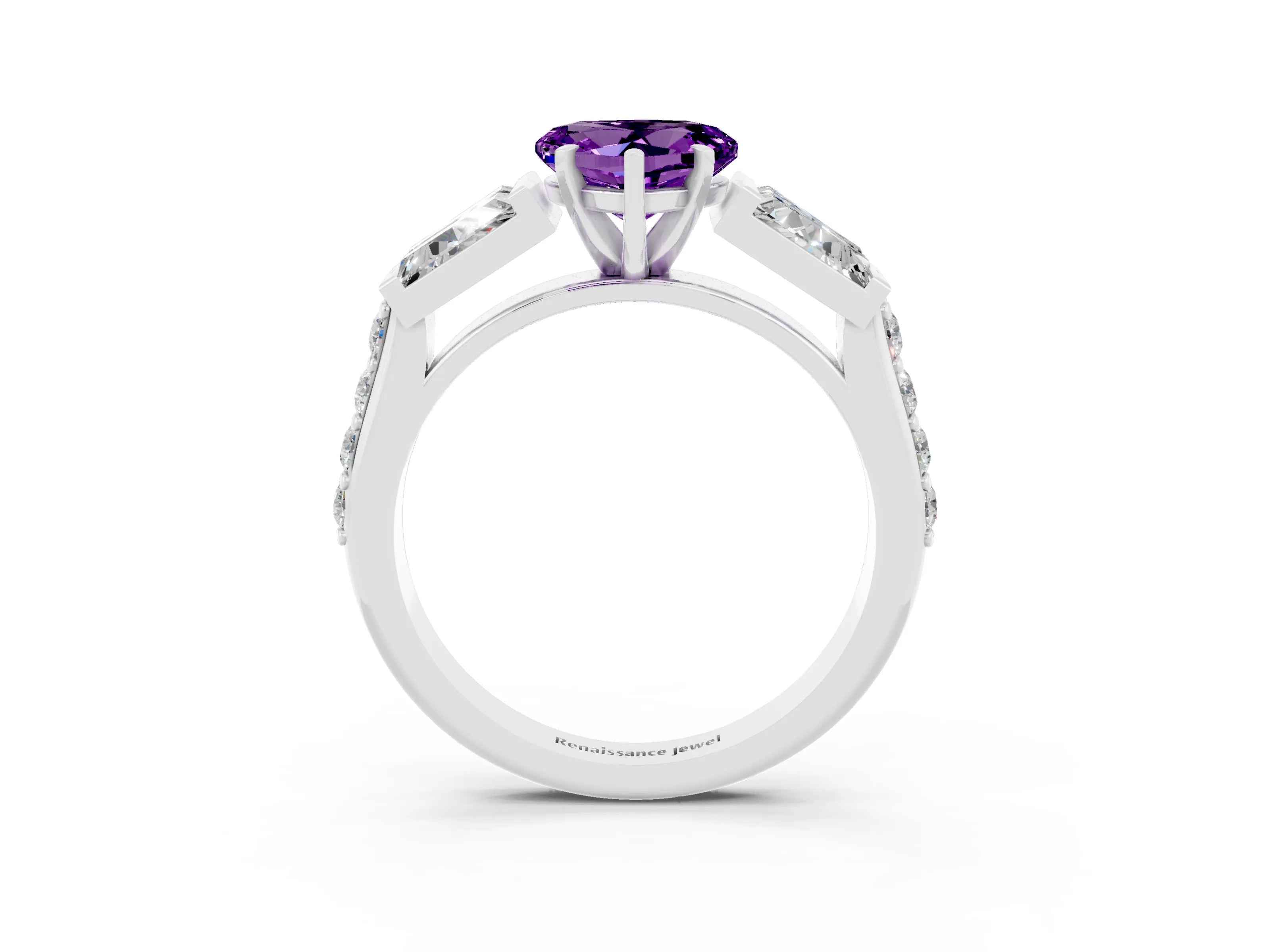 White gold Heart Cut Amethyst Engagement Ring with Baguette Side Stones and Channel Set Band_3