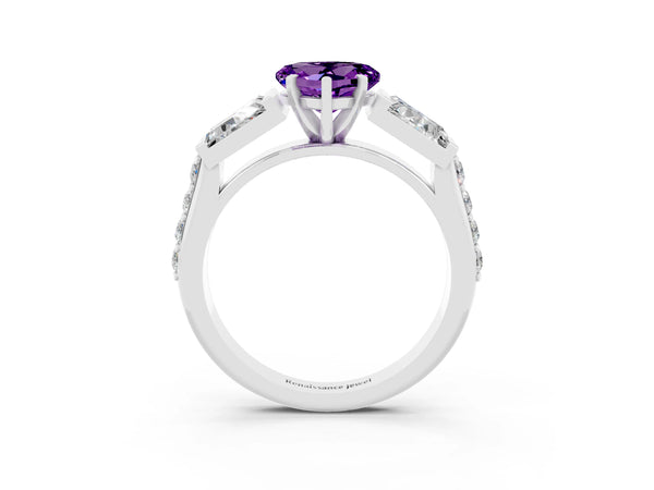 Platinum Heart Cut Amethyst Engagement Ring with Baguette Side Stones and Channel Set Band