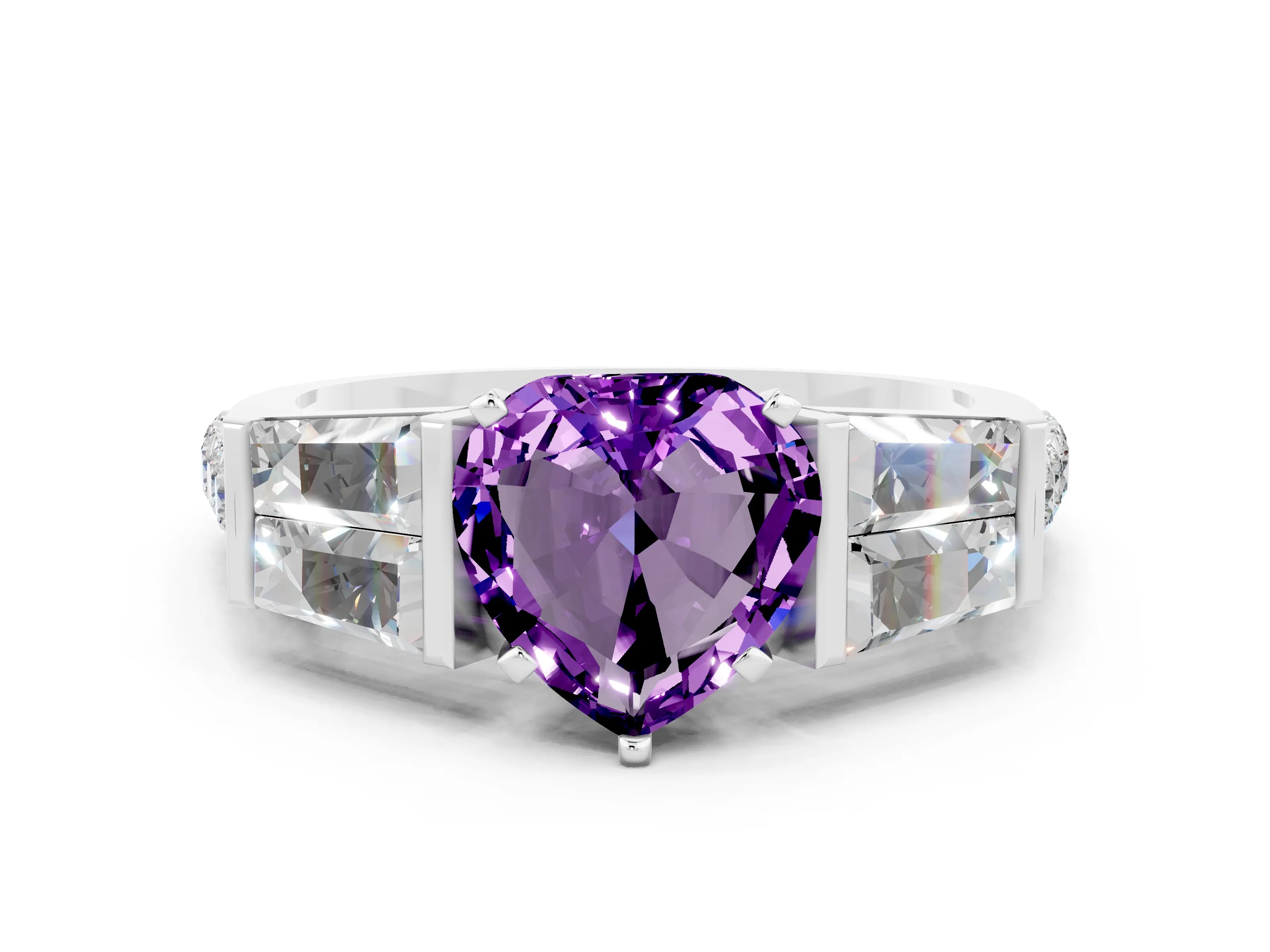 White gold Heart Cut Amethyst Engagement Ring with Baguette Side Stones and Channel Set Band