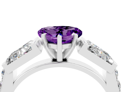White gold Heart Cut Amethyst Engagement Ring with Baguette Side Stones and Channel Set Band_4