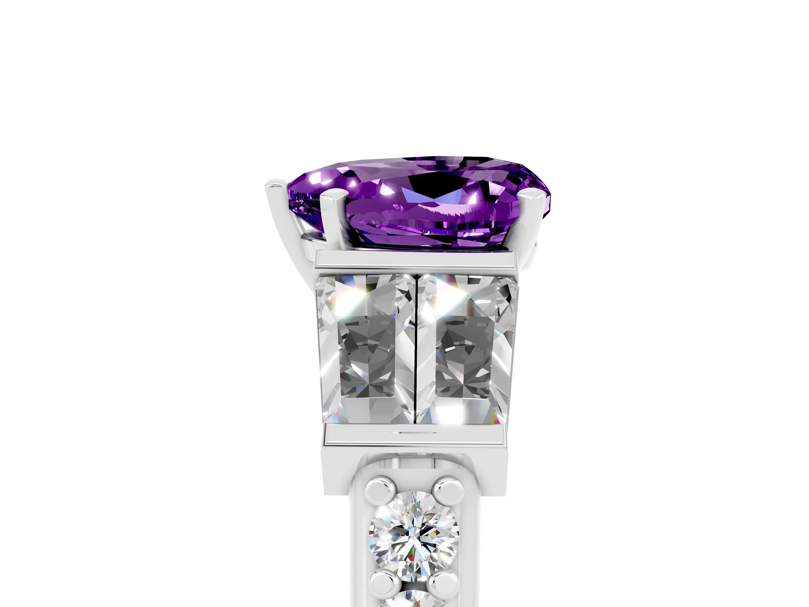 White gold Heart Cut Amethyst Engagement Ring with Baguette Side Stones and Channel Set Band_5