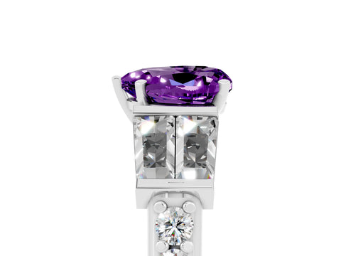 White gold Heart Cut Amethyst Engagement Ring with Baguette Side Stones and Channel Set Band_5