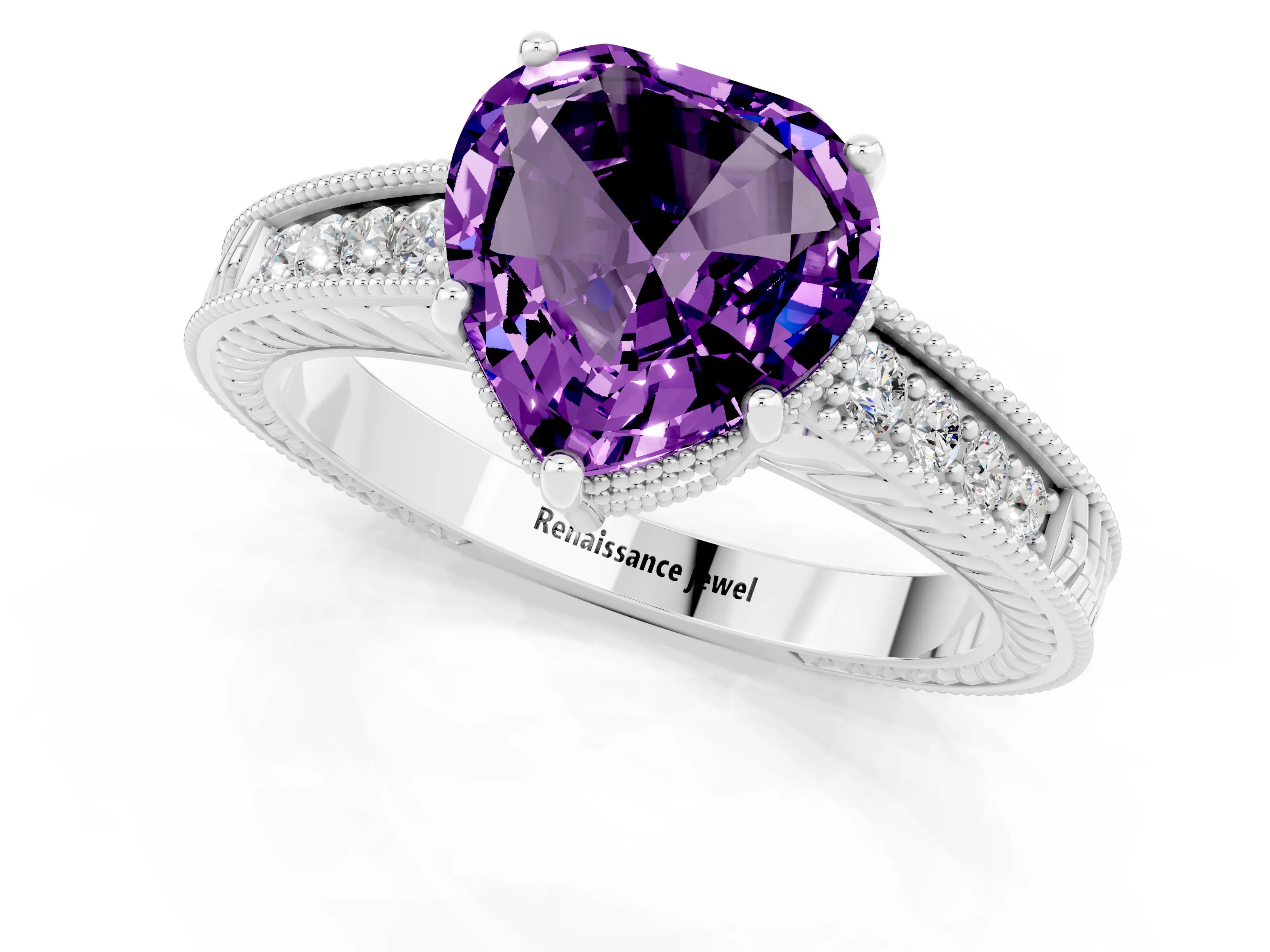 White gold Heart Cut Amethyst Engagement Ring with Milgrain Channel Set Band and Prong Setting_1
