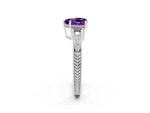 White gold Heart Cut Amethyst Engagement Ring with Milgrain Channel Set Band and Prong Setting_2