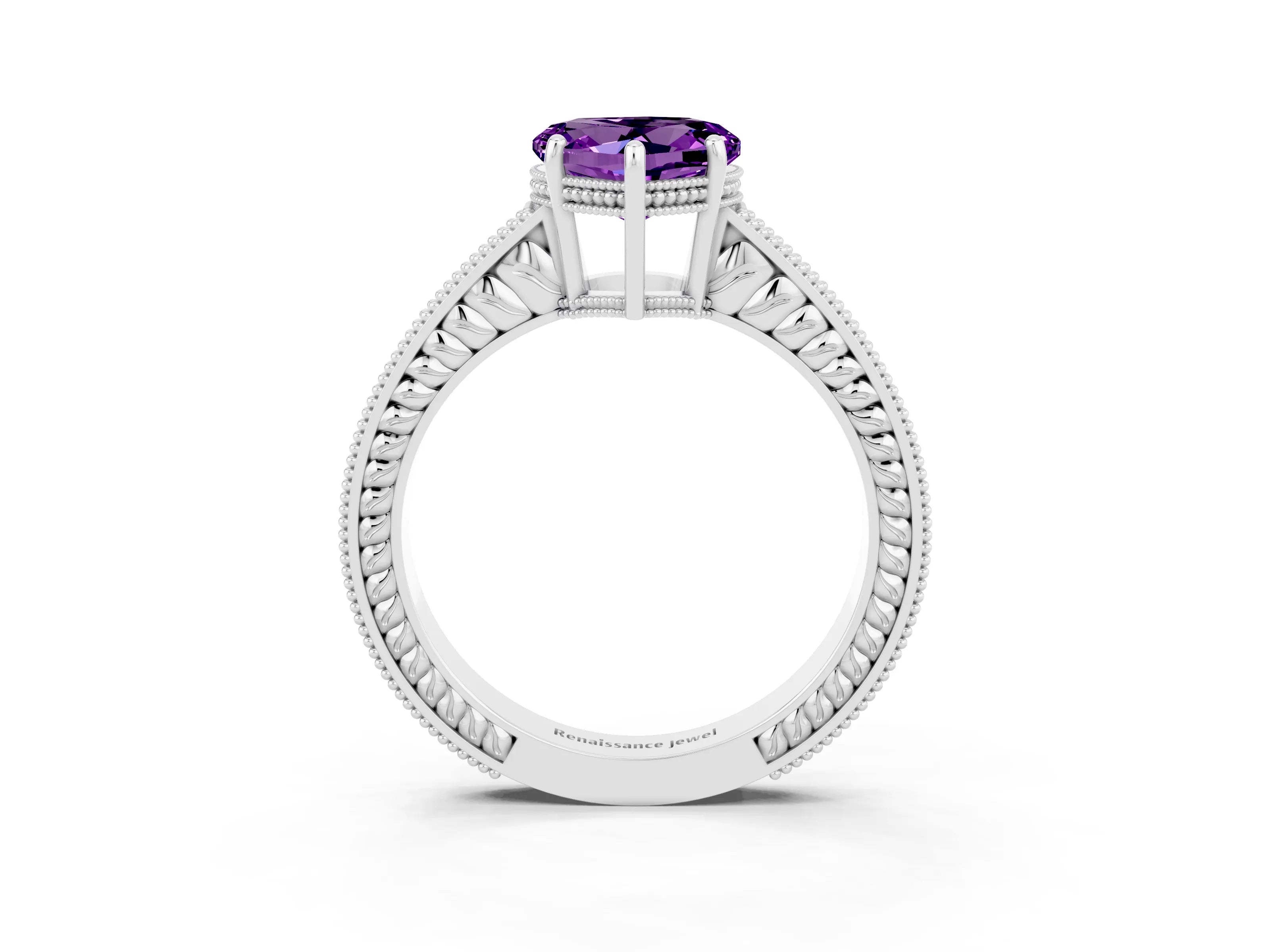 White gold Heart Cut Amethyst Engagement Ring with Milgrain Channel Set Band and Prong Setting_3