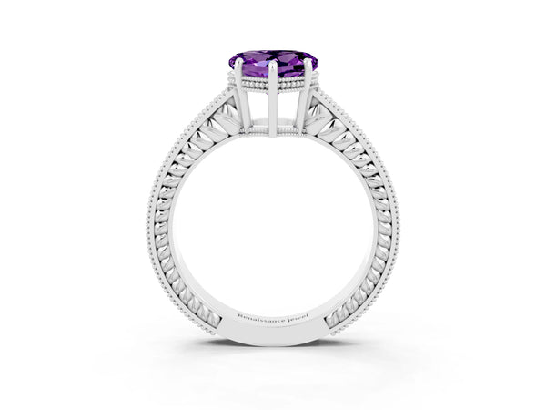 Silver Heart Cut Amethyst Engagement Ring with Milgrain Channel Set Band and Prong Setting