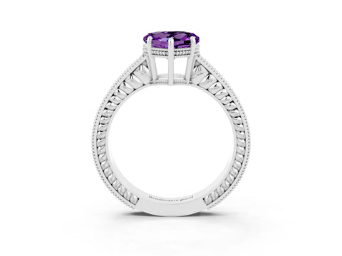 White gold Heart Cut Amethyst Engagement Ring with Milgrain Channel Set Band and Prong Setting_3