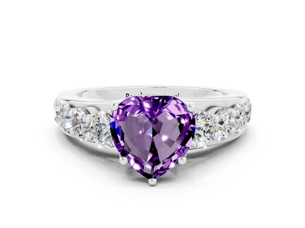 Platinum Heart Cut Amethyst Engagement Ring with Pavé Band and Four-Prong Setting