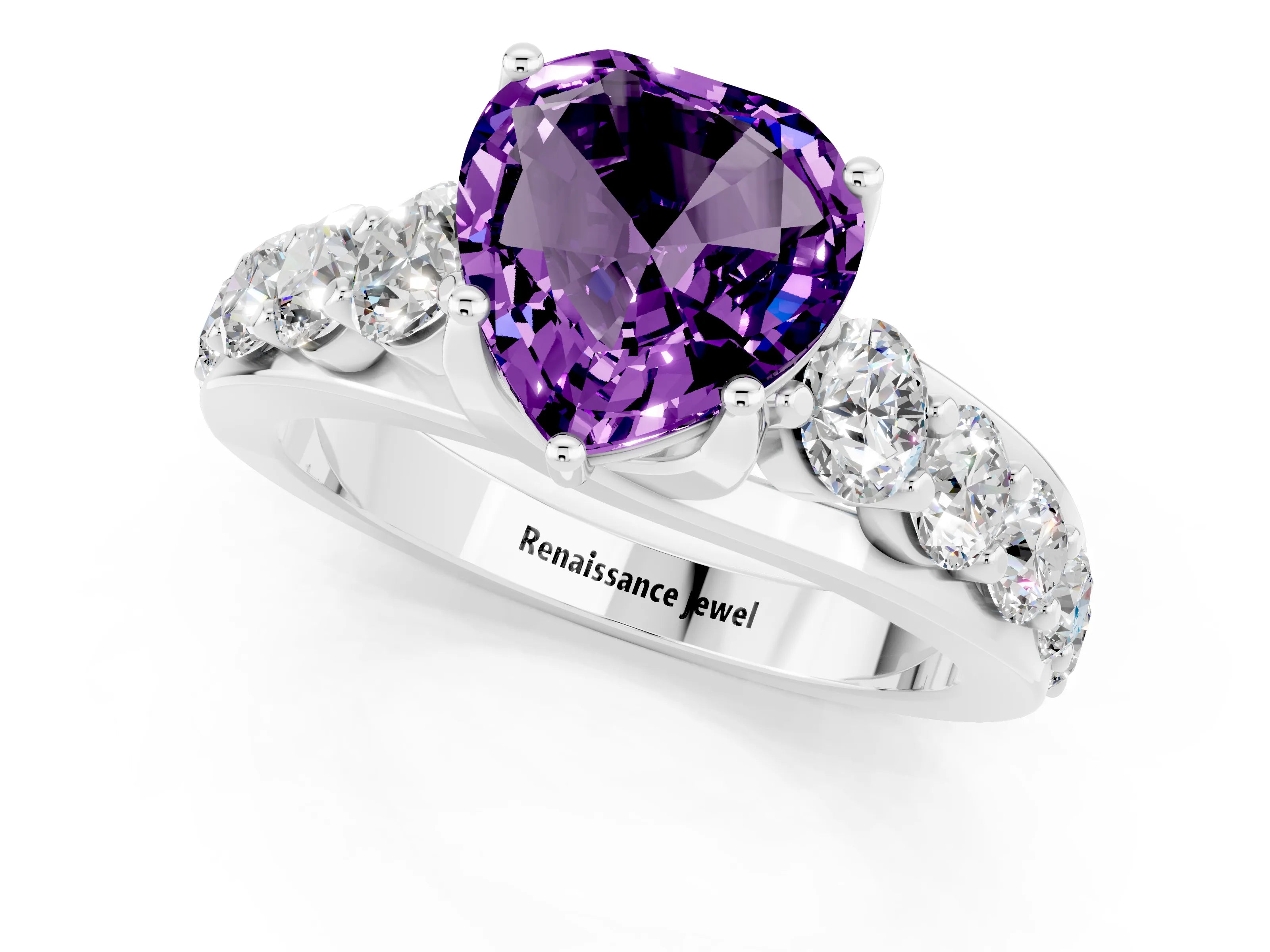 White gold Heart Cut Amethyst Engagement Ring with Pavé Band and Four-Prong Setting_1