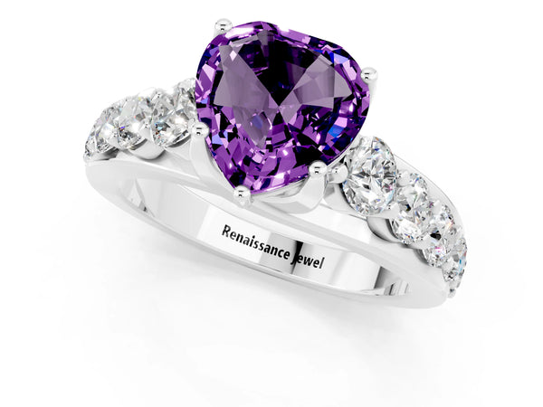 Platinum Heart Cut Amethyst Engagement Ring with Pavé Band and Four-Prong Setting