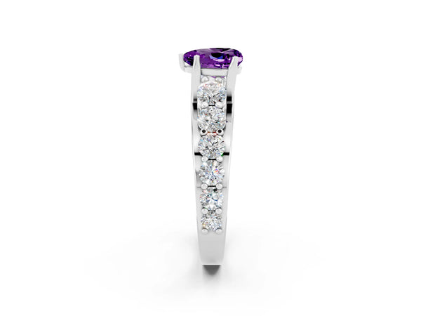 Platinum Heart Cut Amethyst Engagement Ring with Pavé Band and Four-Prong Setting