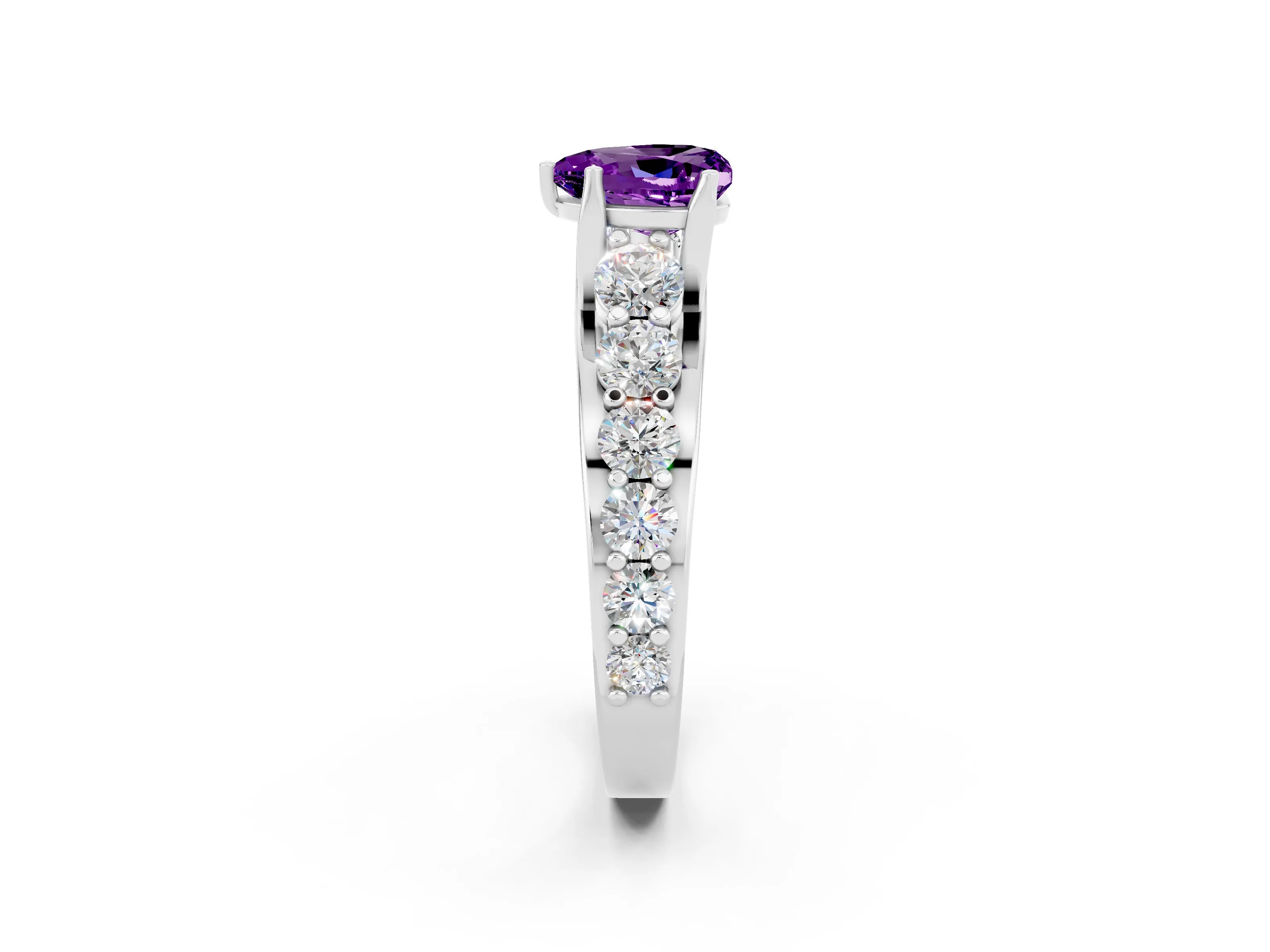 White gold Heart Cut Amethyst Engagement Ring with Pavé Band and Four-Prong Setting_2
