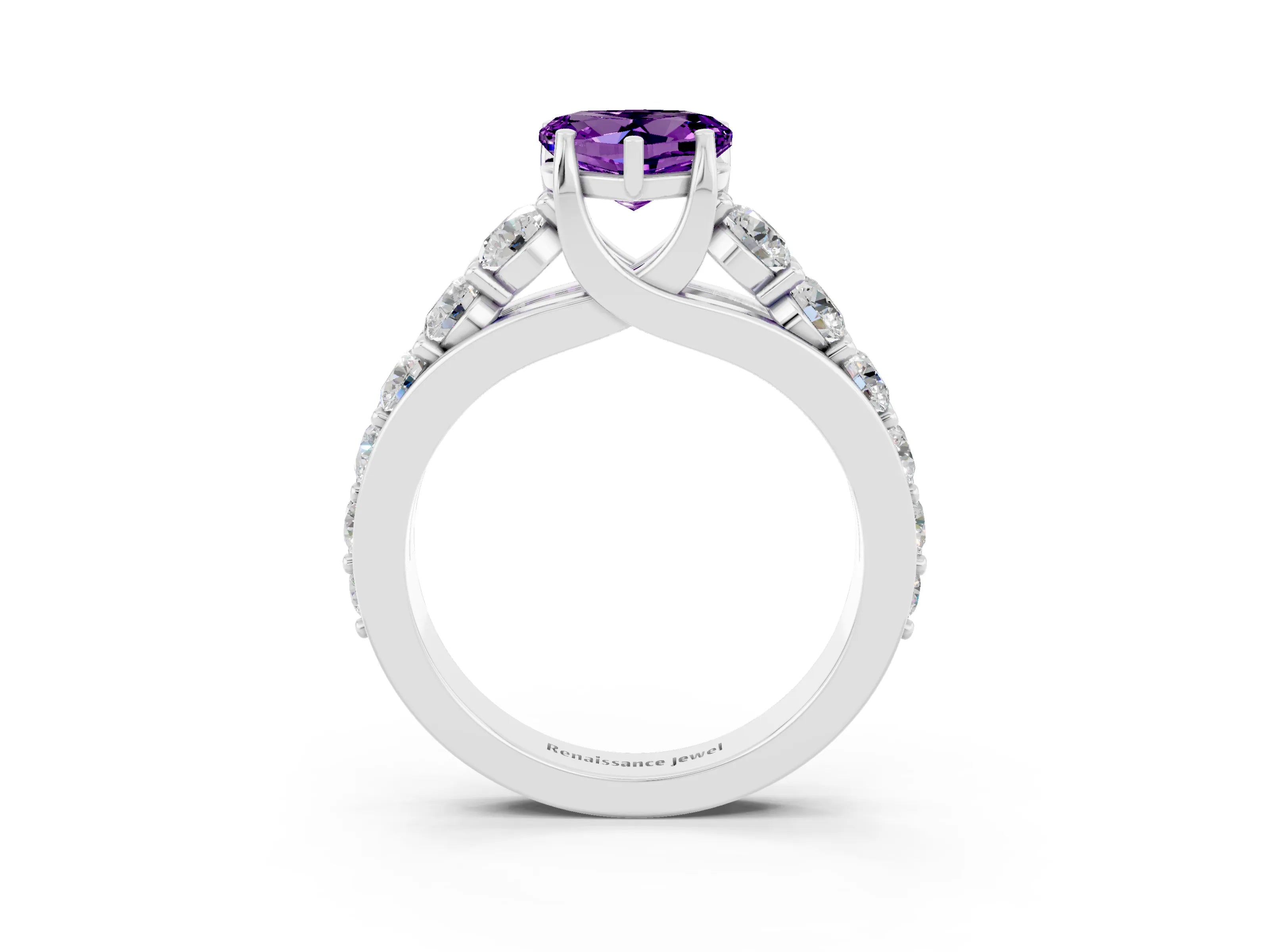 White gold Heart Cut Amethyst Engagement Ring with Pavé Band and Four-Prong Setting_3