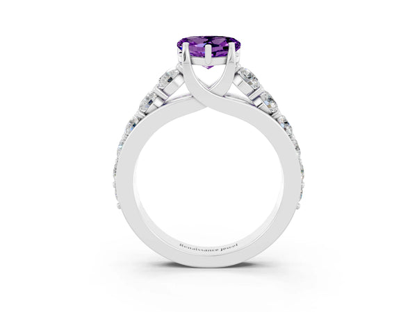 Silver Heart Cut Amethyst Engagement Ring with Pavé Band and Four-Prong Setting