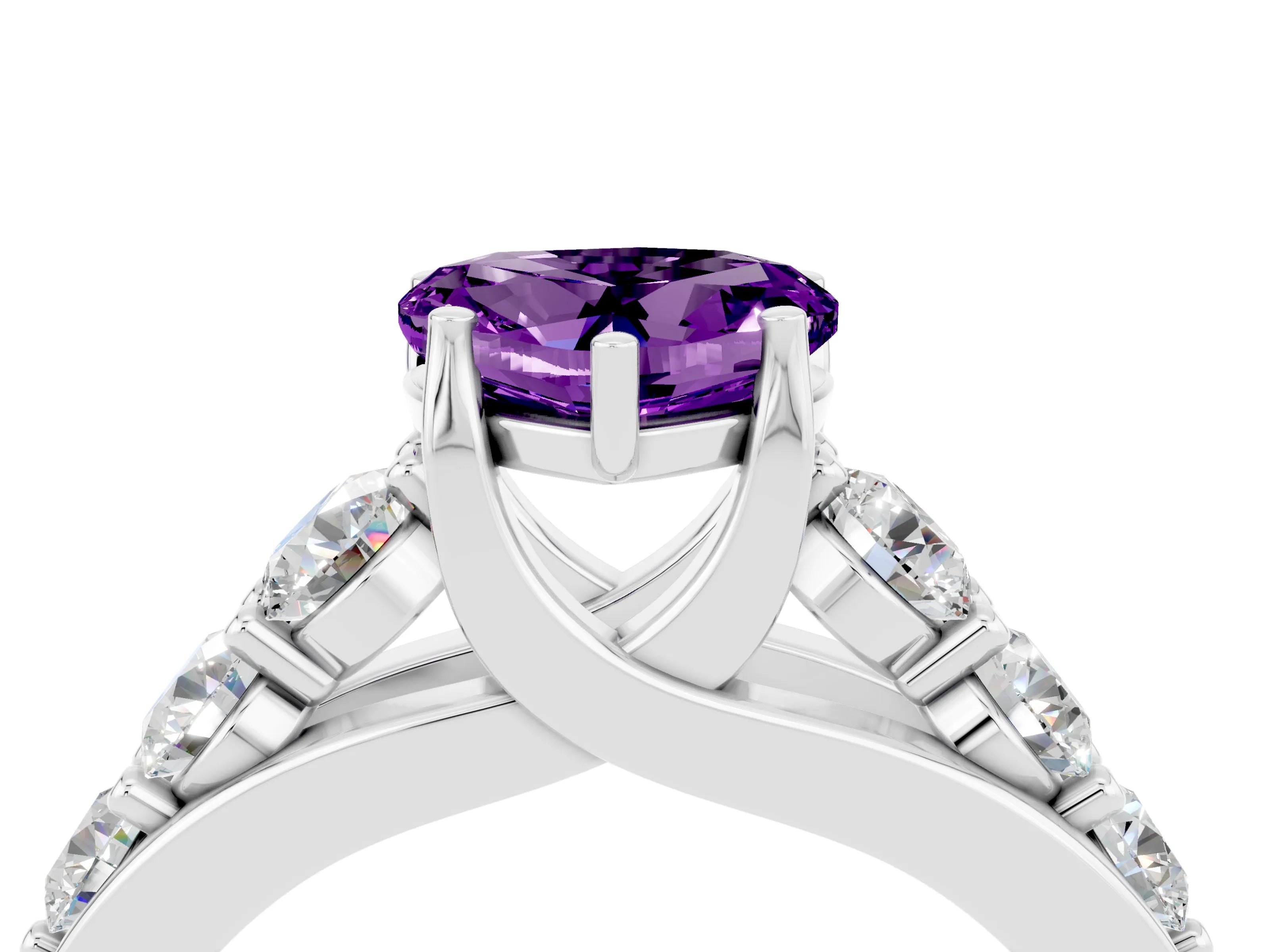 White gold Heart Cut Amethyst Engagement Ring with Pavé Band and Four-Prong Setting_4