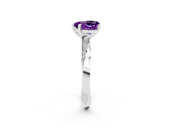 Silver Heart Cut Amethyst Engagement Ring with Side Stone Accents and Four-Prong Setting
