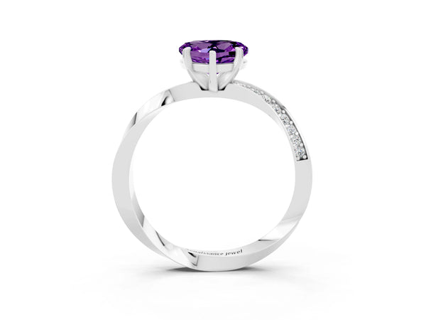 Platinum Heart Cut Amethyst Engagement Ring with Side Stone Accents and Four-Prong Setting