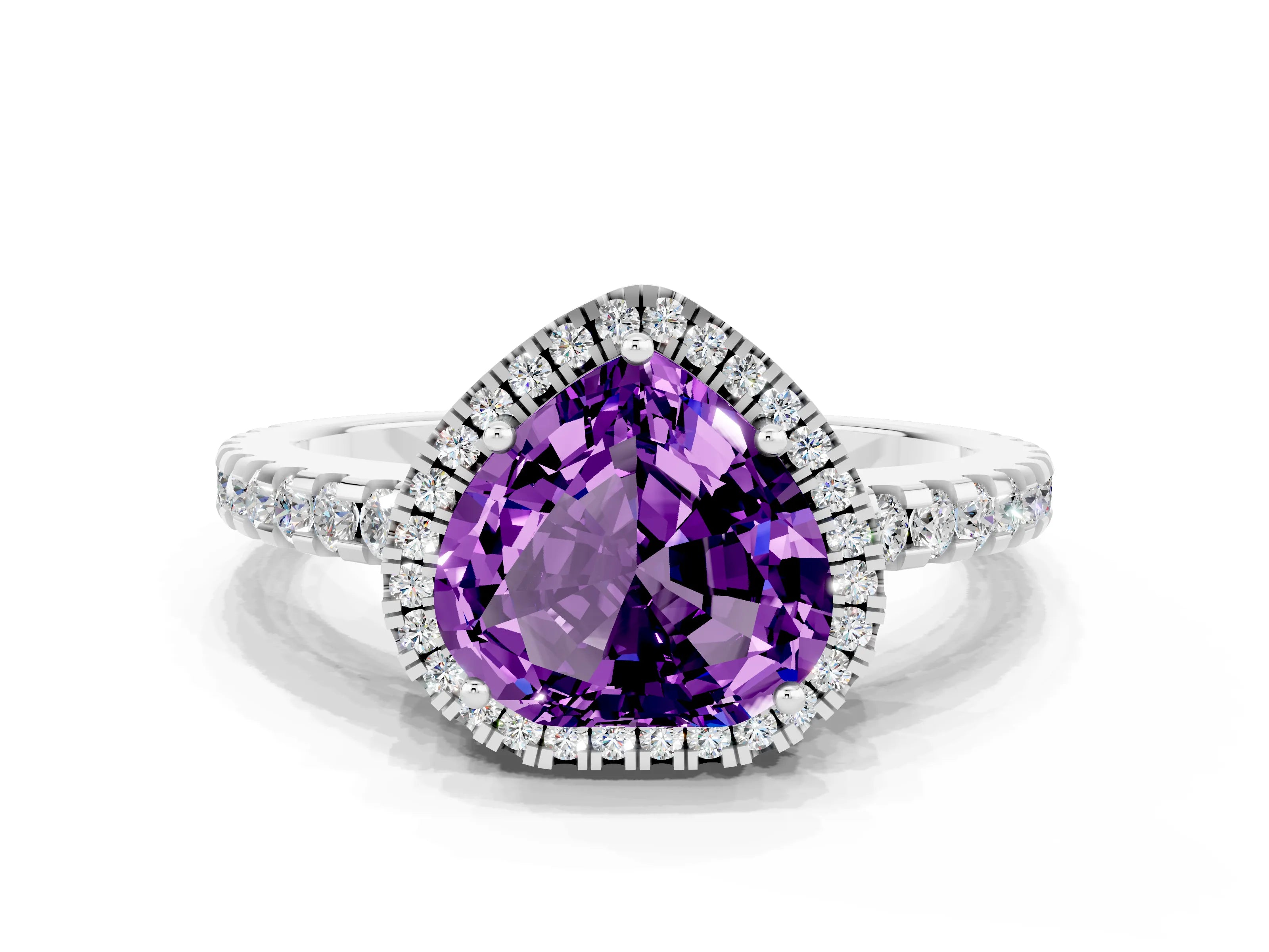 White gold Heart Cut Amethyst Halo Engagement Ring with Pavé Band and Prong Setting_12