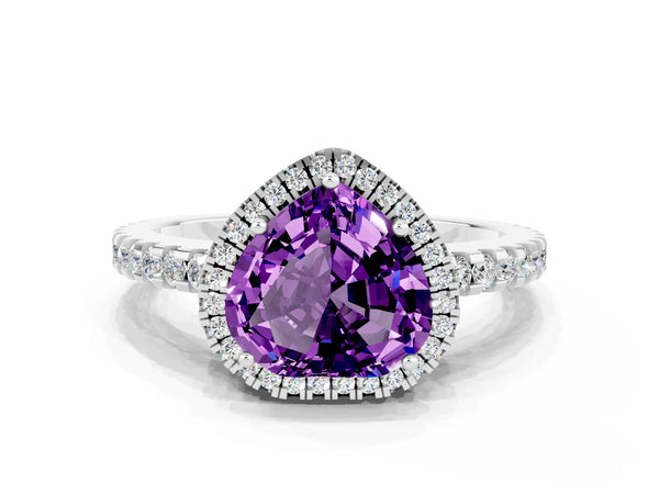 Platinum Heart Cut Amethyst Halo Engagement Ring with Pavé Band and Prong Setting