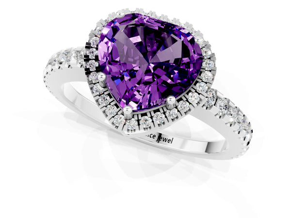 Platinum Heart Cut Amethyst Halo Engagement Ring with Pavé Band and Prong Setting