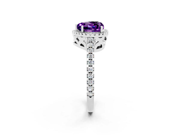 Platinum Heart Cut Amethyst Halo Engagement Ring with Pavé Band and Prong Setting