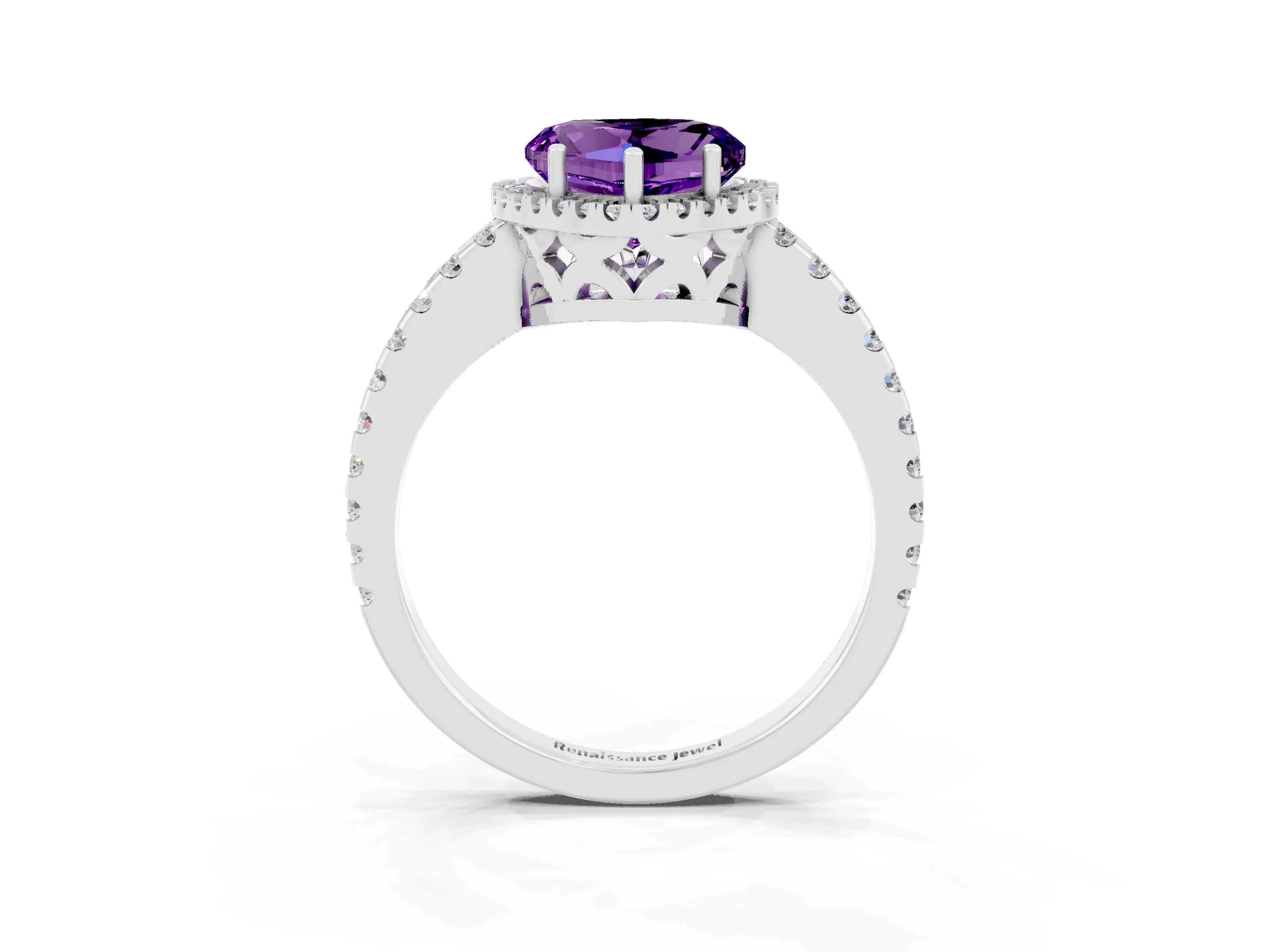 White gold Heart Cut Amethyst Halo Engagement Ring with Pavé Band and Prong Setting_15