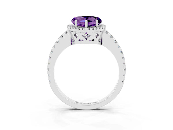 White gold Heart Cut Amethyst Halo Engagement Ring with Pavé Band and Prong Setting