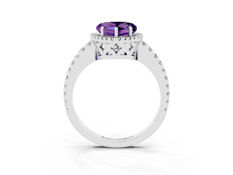 White gold Heart Cut Amethyst Halo Engagement Ring with Pavé Band and Prong Setting_15