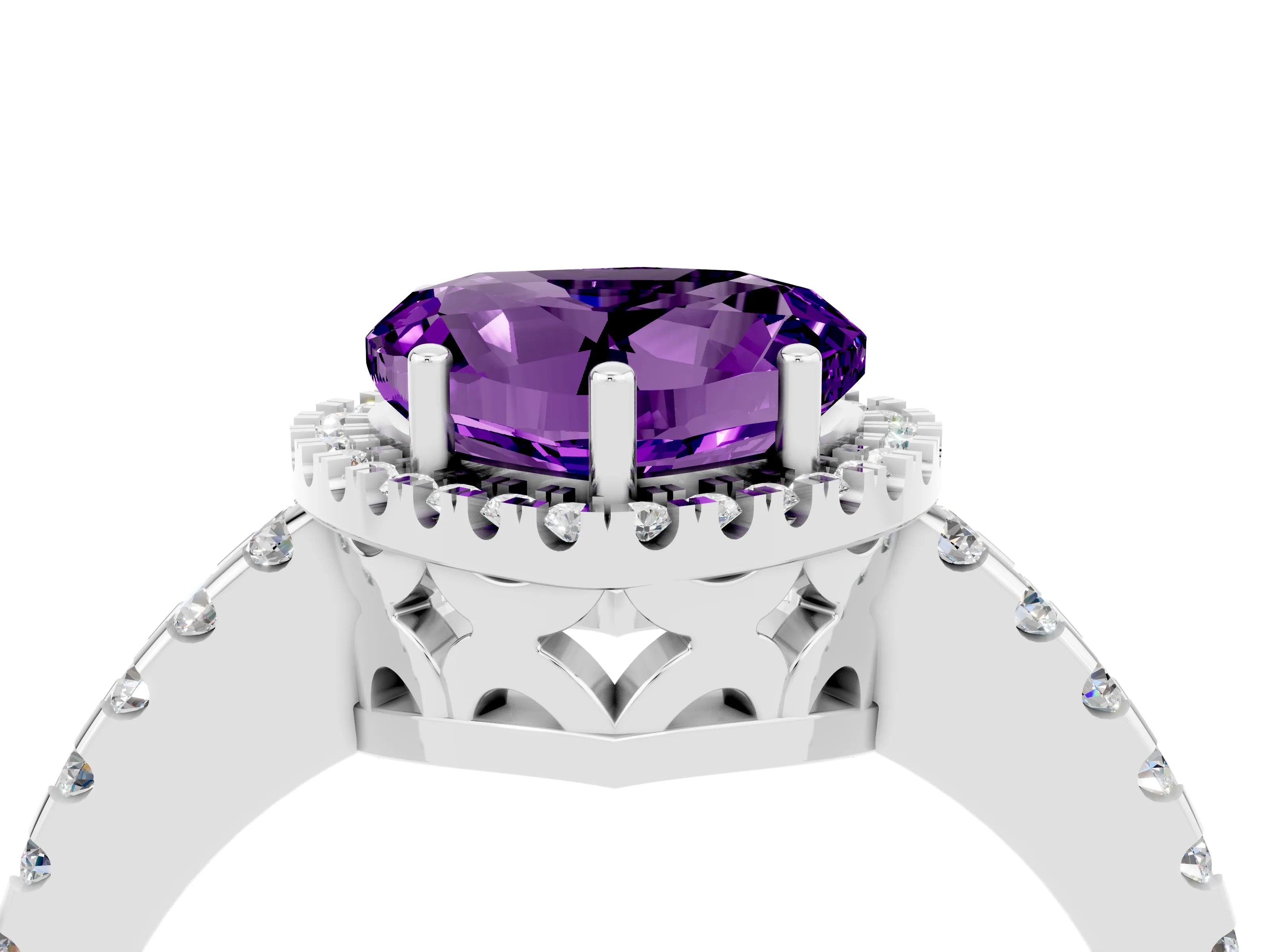 White gold Heart Cut Amethyst Halo Engagement Ring with Pavé Band and Prong Setting_16
