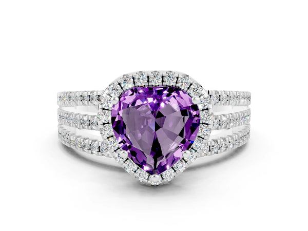 Platinum Heart Cut Amethyst Halo Engagement Ring with Split Shank and Four-Prong Setting