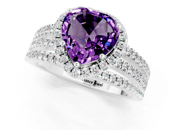 Platinum Heart Cut Amethyst Halo Engagement Ring with Split Shank and Four-Prong Setting