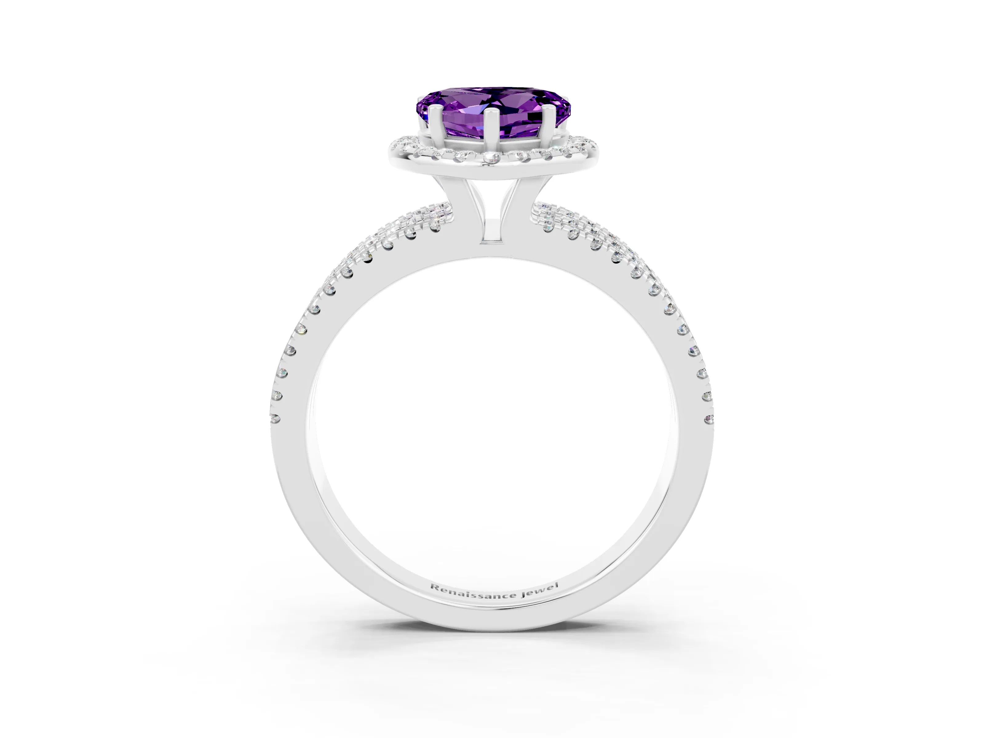 White gold Heart Cut Amethyst Halo Engagement Ring with Split Shank and Four-Prong Setting_15