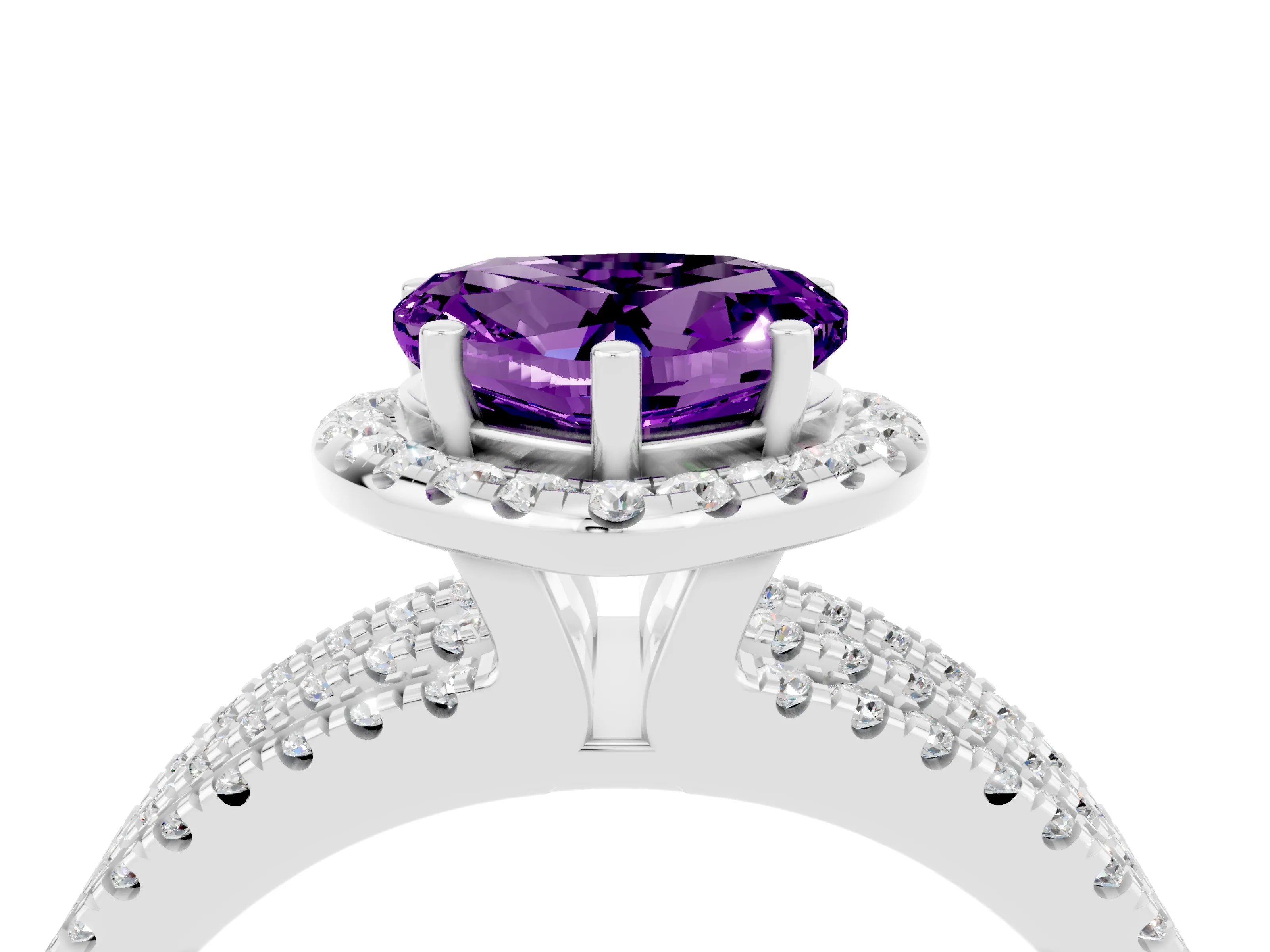 White gold Heart Cut Amethyst Halo Engagement Ring with Split Shank and Four-Prong Setting_16
