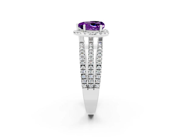 Platinum Heart Cut Amethyst Halo Engagement Ring with Split Shank and Four-Prong Setting