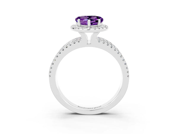 Platinum Heart Cut Amethyst Halo Engagement Ring with Split Shank and Four-Prong Setting