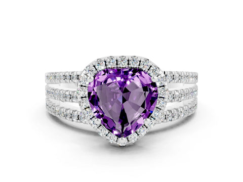 White gold Heart Cut Amethyst Halo Engagement Ring with Split Shank and Four-Prong Setting