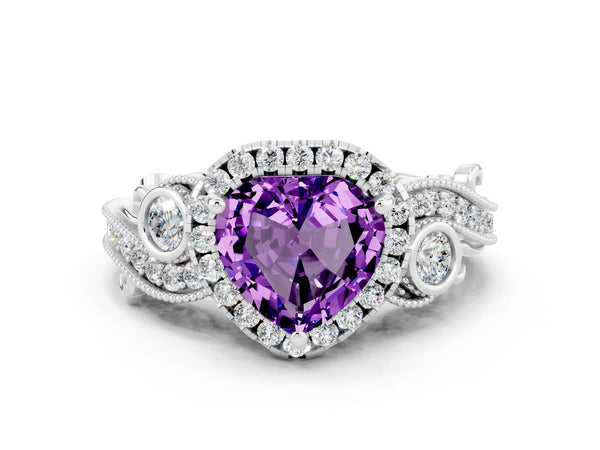 Platinum Heart Cut Amethyst Halo Ring with Milgrain Pavé Band and Four-Prong Setting