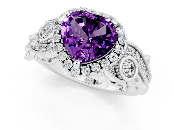 Silver Heart Cut Amethyst Halo Ring with Milgrain Pavé Band and Four-Prong Setting