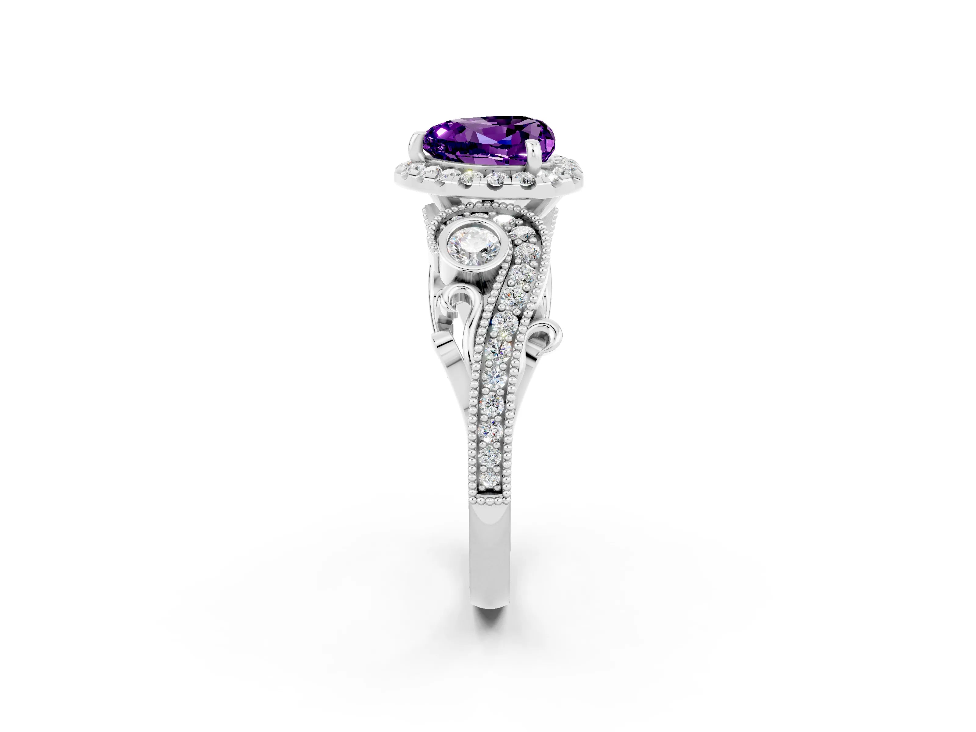 White gold Heart Cut Amethyst Halo Ring with Milgrain Pavé Band and Four-Prong Setting_14