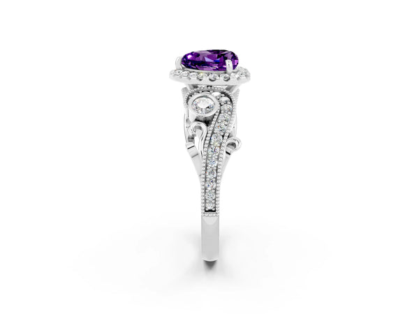 Platinum Heart Cut Amethyst Halo Ring with Milgrain Pavé Band and Four-Prong Setting