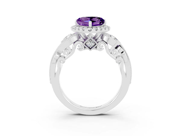 Platinum Heart Cut Amethyst Halo Ring with Milgrain Pavé Band and Four-Prong Setting