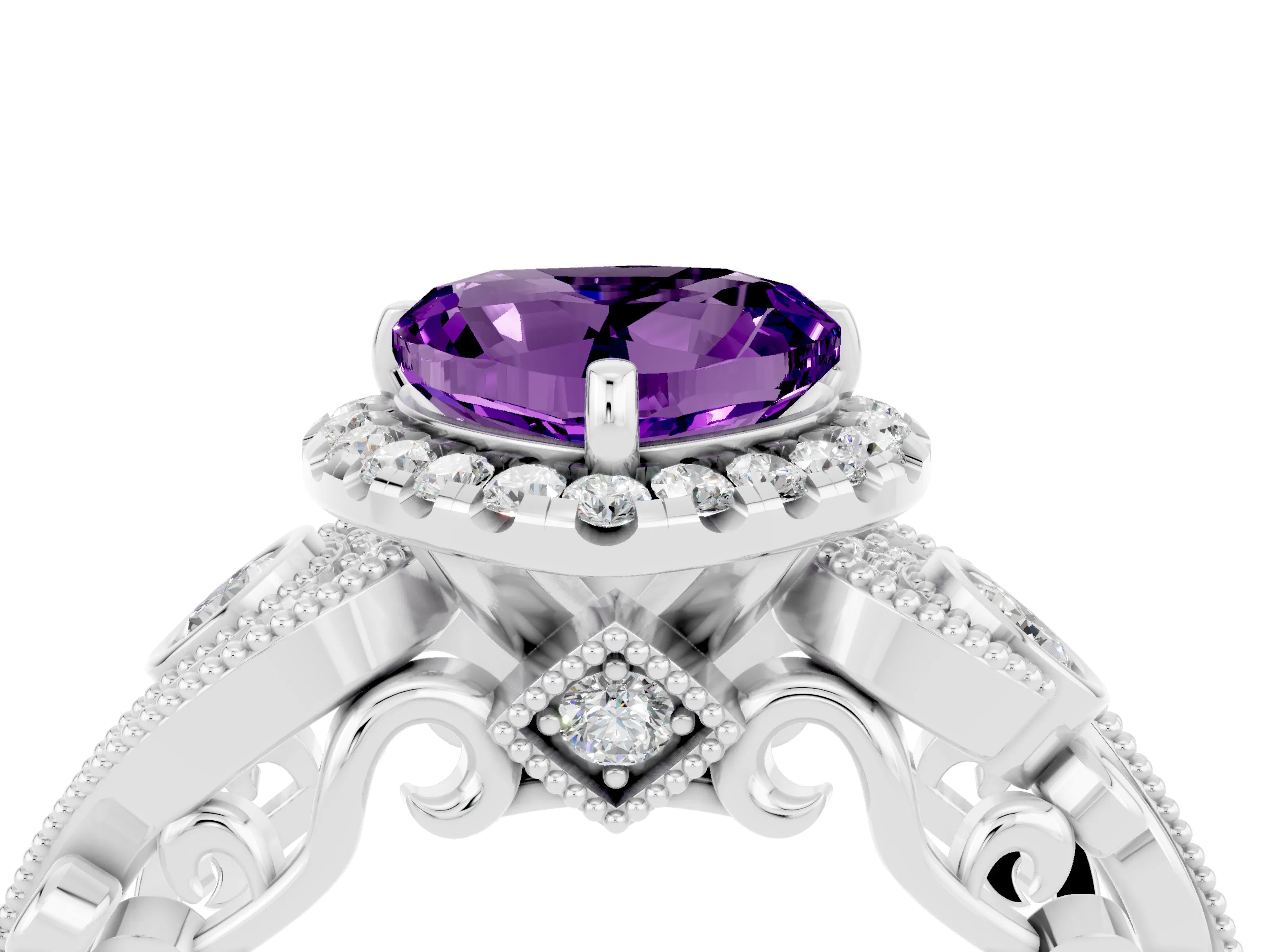 White gold Heart Cut Amethyst Halo Ring with Milgrain Pavé Band and Four-Prong Setting_16