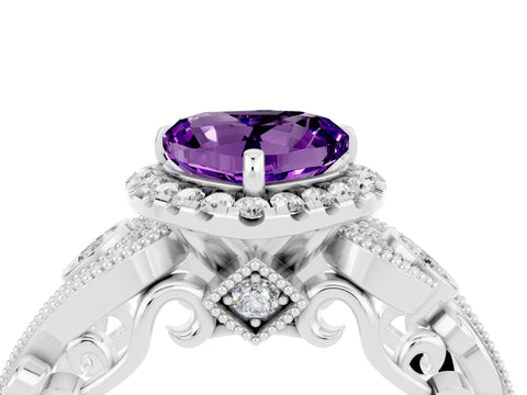 White gold Heart Cut Amethyst Halo Ring with Milgrain Pavé Band and Four-Prong Setting_16