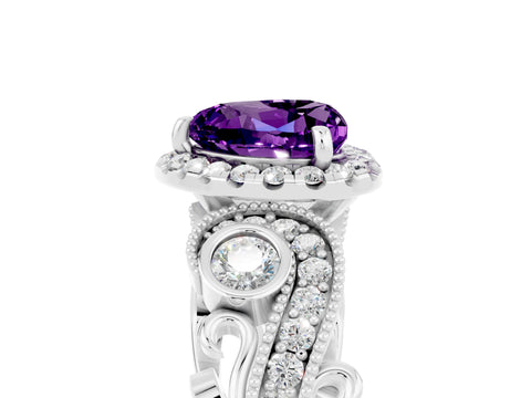 White gold Heart Cut Amethyst Halo Ring with Milgrain Pavé Band and Four-Prong Setting_17