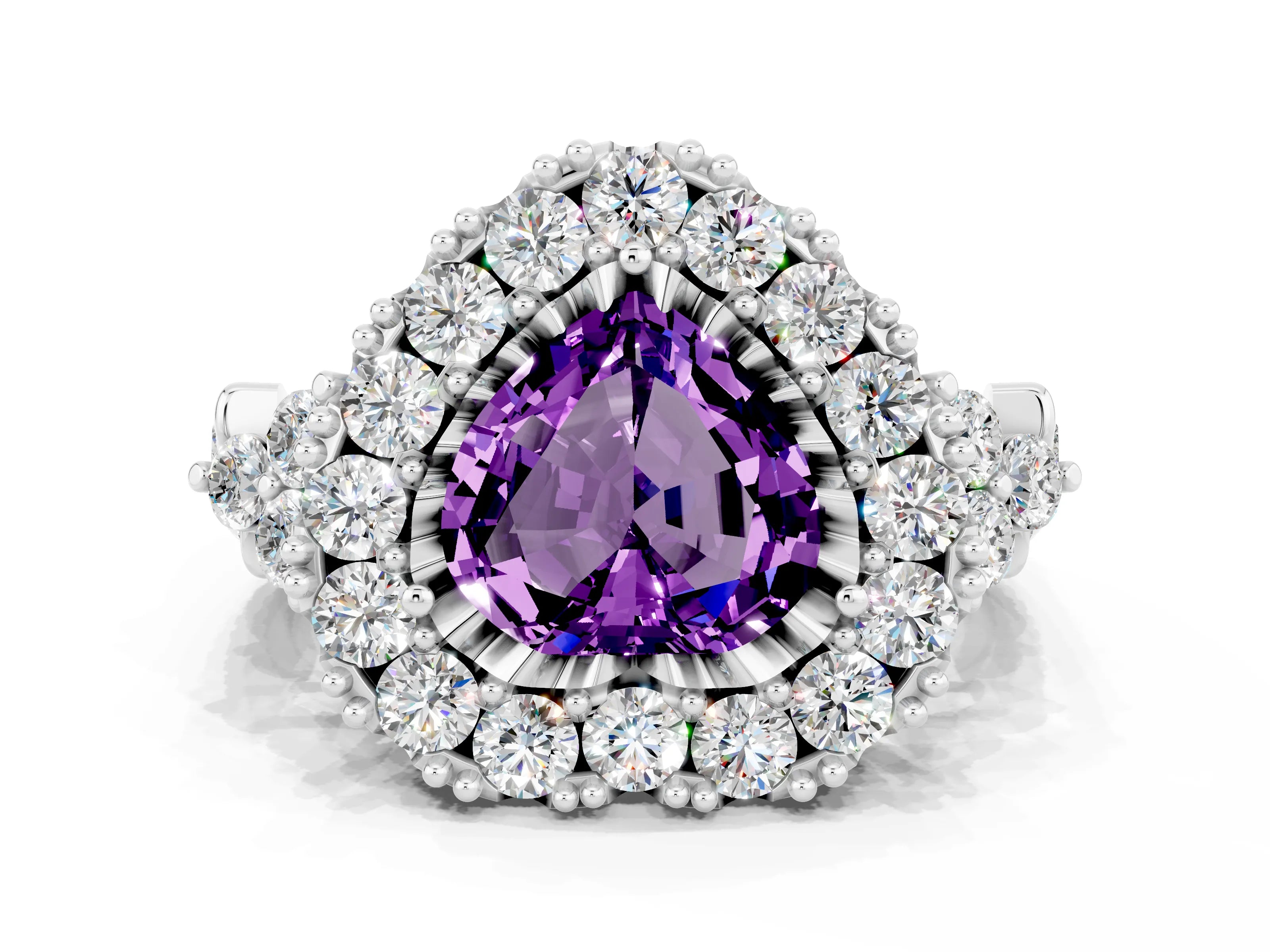 White gold Heart Cut Amethyst Halo Ring with Pavé Band and Four-Prong Setting_12